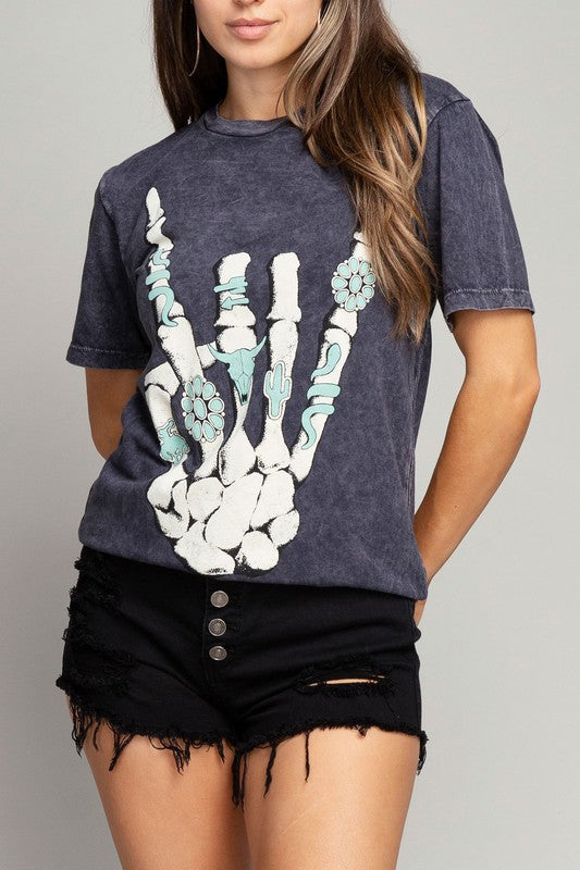 Skeleton Rock Hand Sign Graphic Tee