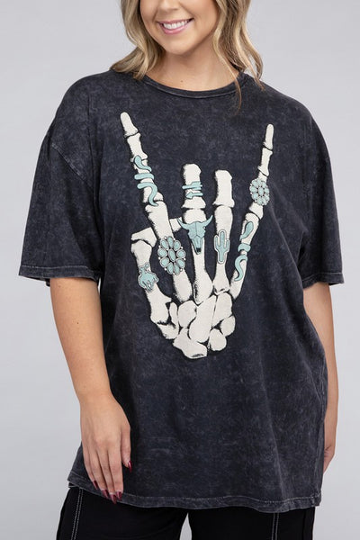 Plus Skeleton Rock Hand Sign Graphic Tee