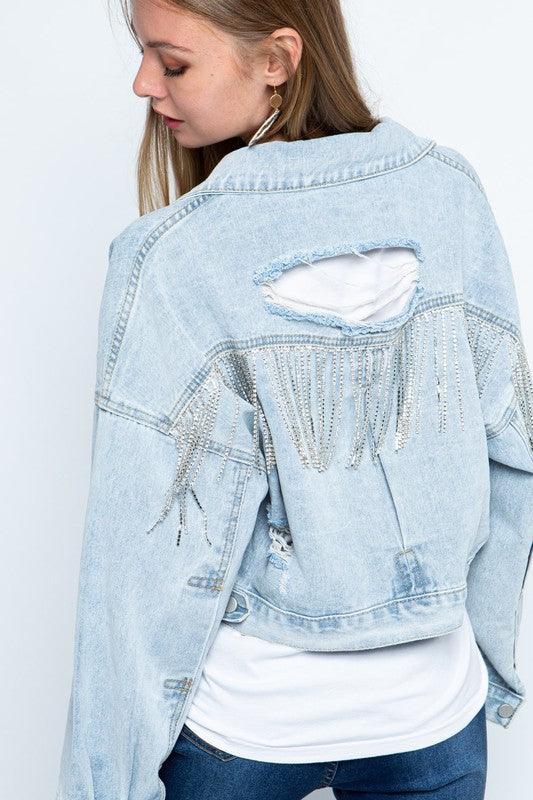 RHINESTONE FRINGE DISTRESSED DENIM JACKET - KASH'S BOUTIQUE