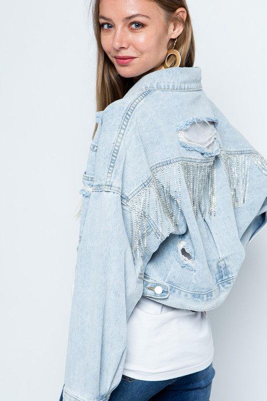 RHINESTONE FRINGE DISTRESSED DENIM JACKET - KASH'S BOUTIQUE