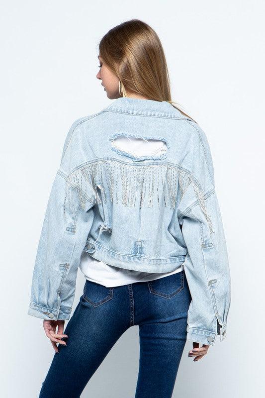 RHINESTONE FRINGE DISTRESSED DENIM JACKET - KASH'S BOUTIQUE