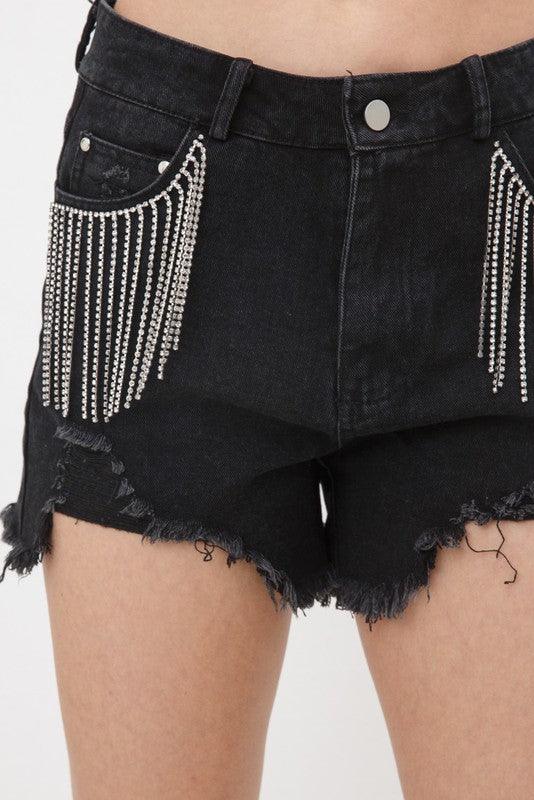 Frayed Rhinestone Denim Shorts - KASH'S BOUTIQUE