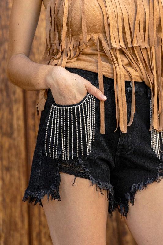 Frayed Rhinestone Denim Shorts - KASH'S BOUTIQUE