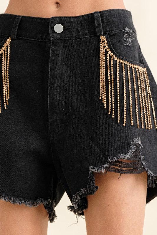 Frayed Rhinestone Denim Shorts - KASH'S BOUTIQUE