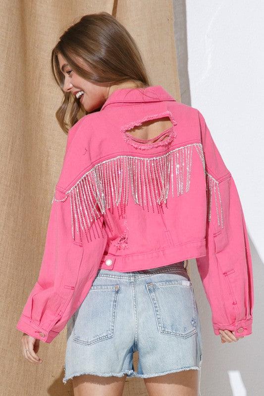 RHINESTONE FRINGE DISTRESSED DENIM JACKET - KASH'S BOUTIQUE