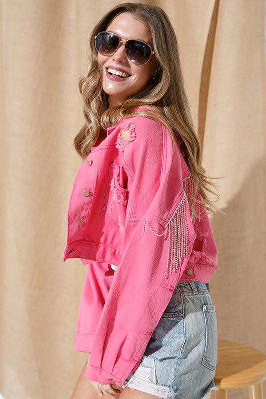 RHINESTONE FRINGE DISTRESSED DENIM JACKET - KASH'S BOUTIQUE