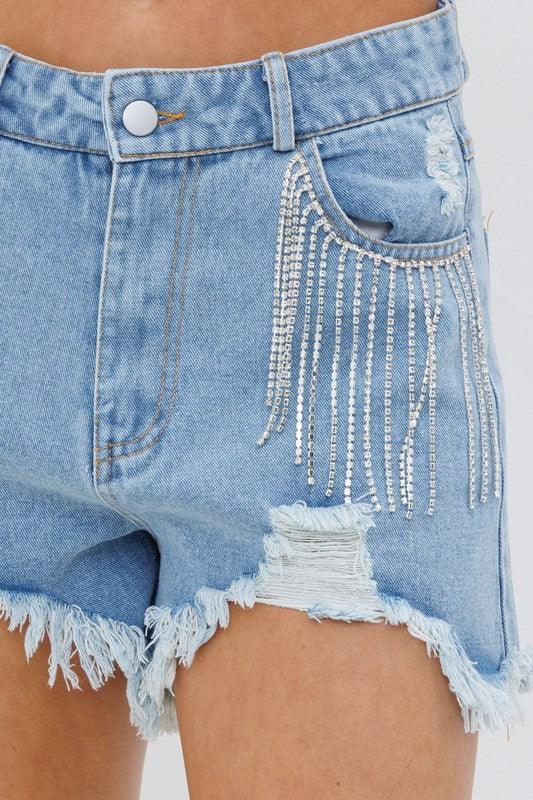 Frayed Rhinestone Denim Shorts - KASH'S BOUTIQUE