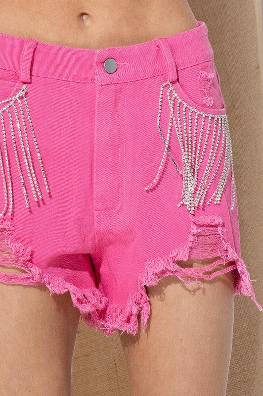 Frayed Rhinestone Denim Shorts - KASH'S BOUTIQUE