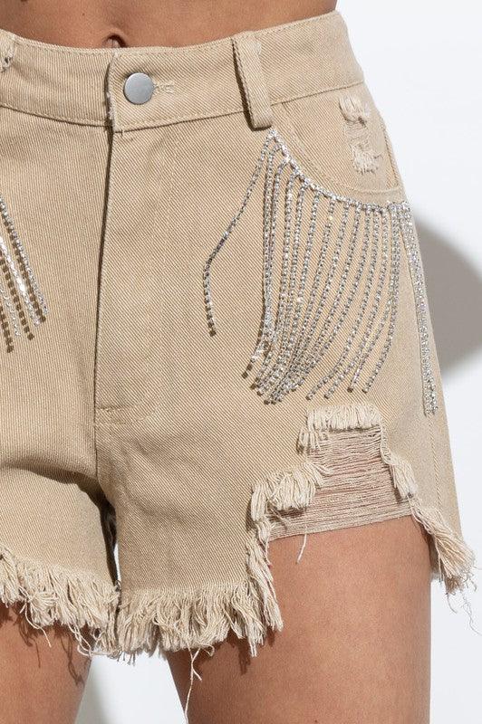 Frayed Rhinestone Denim Shorts - KASH'S BOUTIQUE