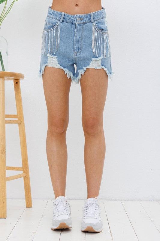 Frayed Rhinestone Denim Shorts - KASH'S BOUTIQUE