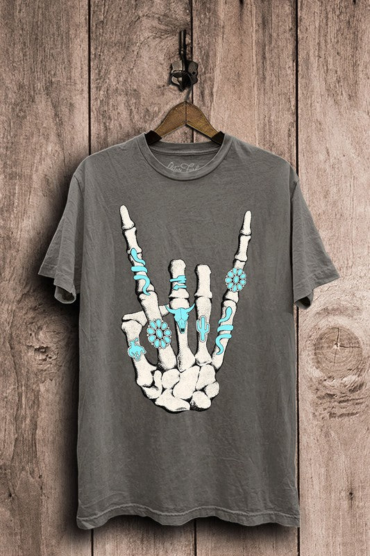 Skeleton Rock Hand Sign Graphic Tee