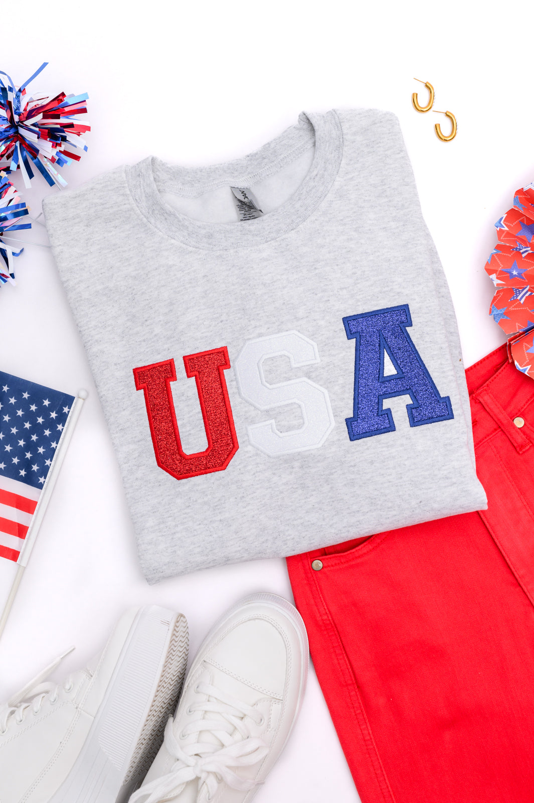 PREORDER: Embroidered Glitter USA Sweatshirt