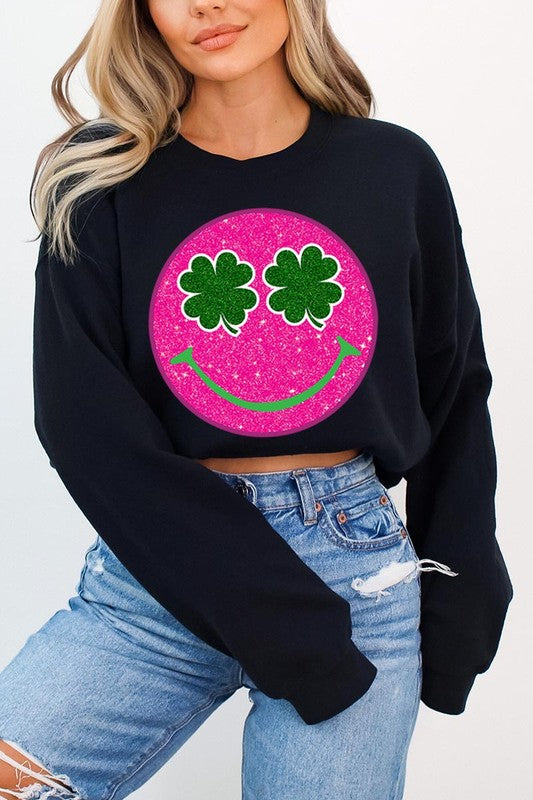 Smile Face Glitter Graphic Fleece Sweatshirts