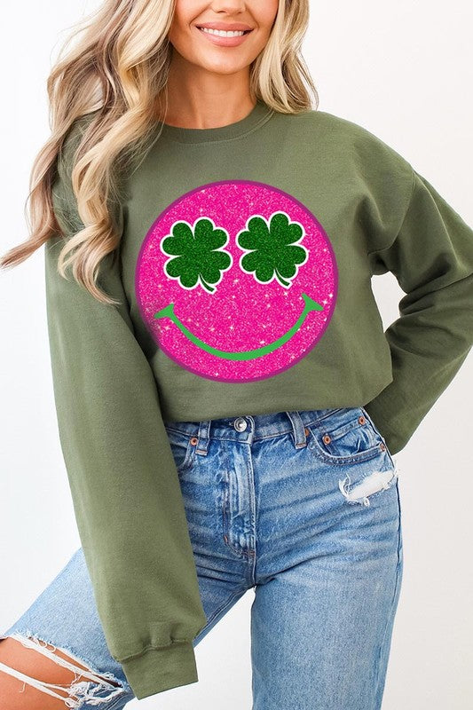 Smile Face Glitter Graphic Fleece Sweatshirts