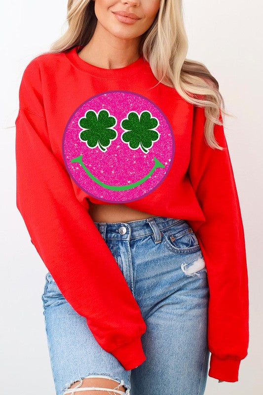 Smile Face Glitter Graphic Fleece Sweatshirts