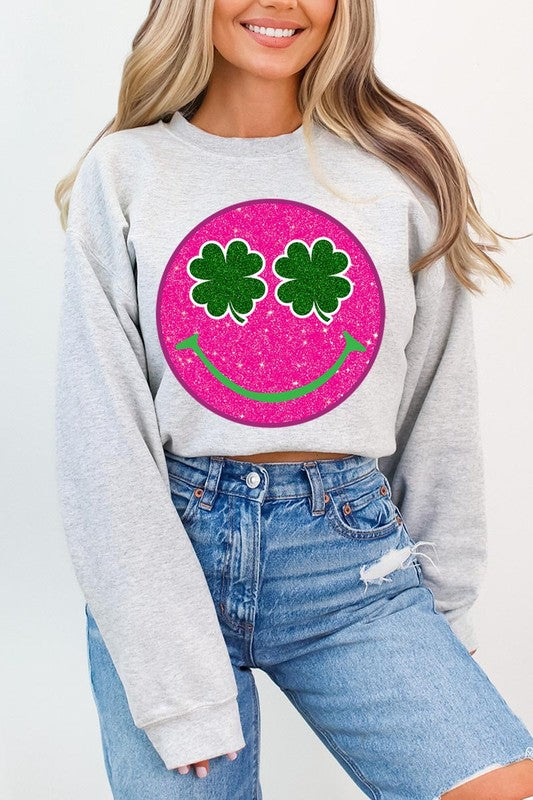 Smile Face Glitter Graphic Fleece Sweatshirts