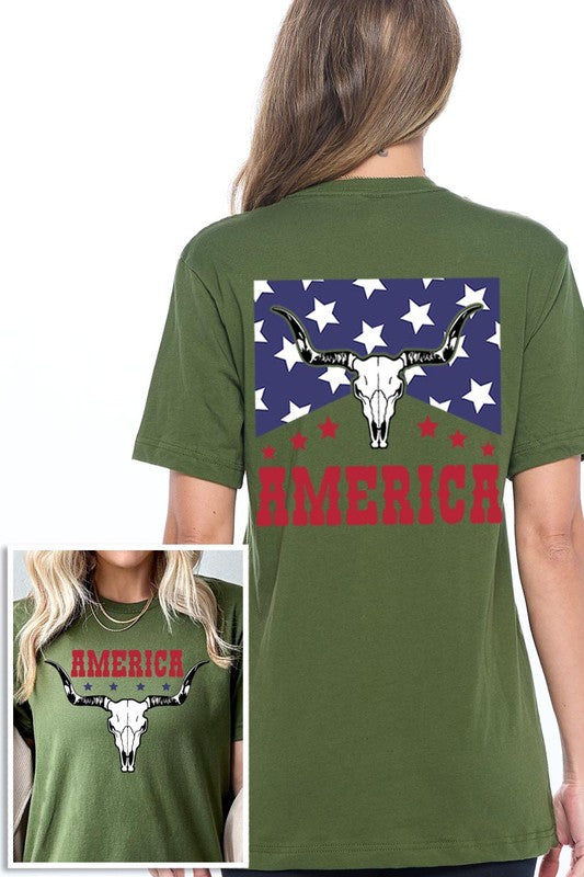 America Bull Skull Graphic T Shirts