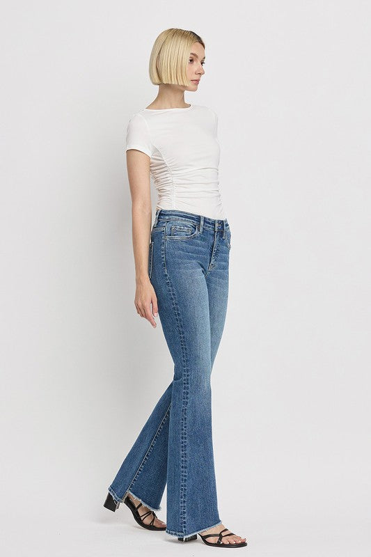 High Rise Slant Hem Flare Jeans