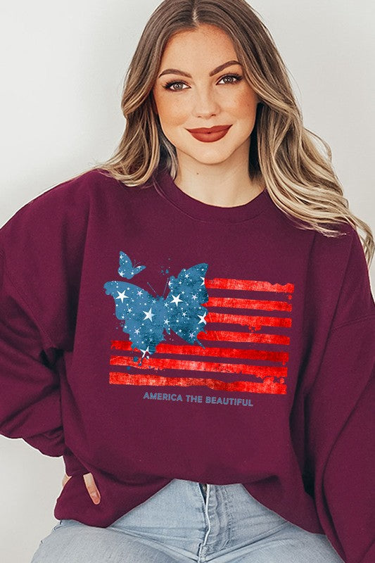 Butterfly USA Flag Graphic Fleece Sweatshirts