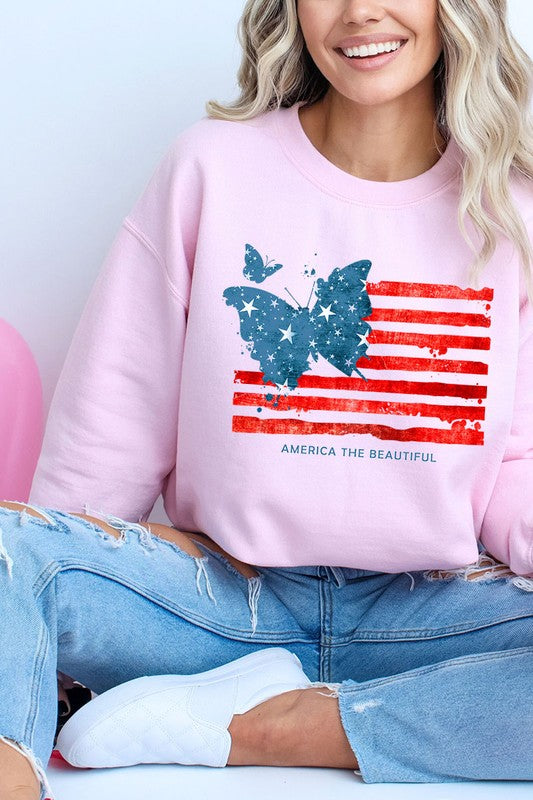 Butterfly USA Flag Graphic Fleece Sweatshirts