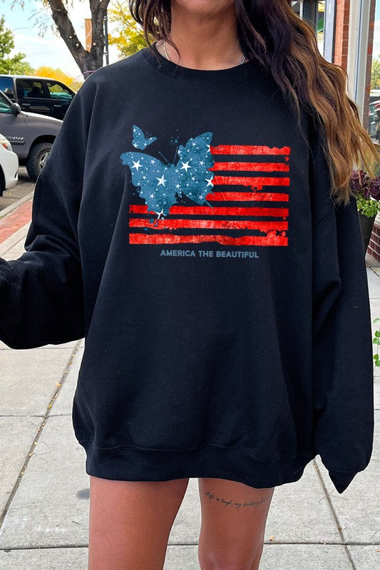 Butterfly USA Flag Graphic Fleece Sweatshirts