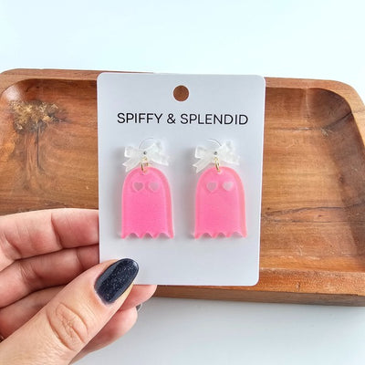 Bow Ghost Earrings - Pink Glitter