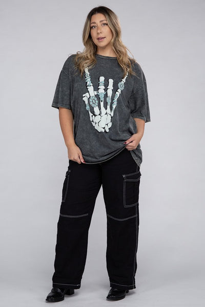 Plus Skeleton Rock Hand Sign Graphic Tee