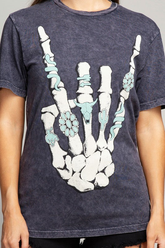 Skeleton Rock Hand Sign Graphic Tee