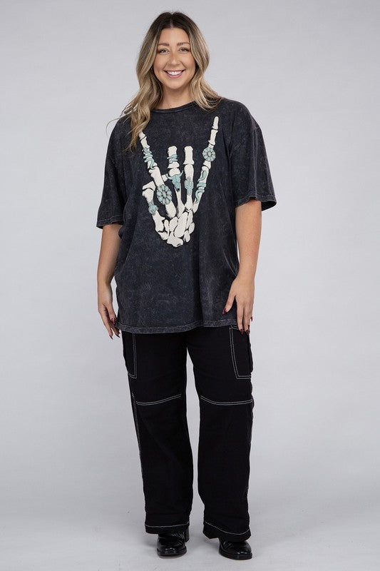 Plus Skeleton Rock Hand Sign Graphic Tee