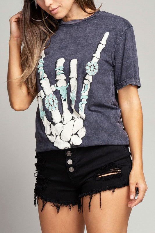 Skeleton Rock Hand Sign Graphic Tee