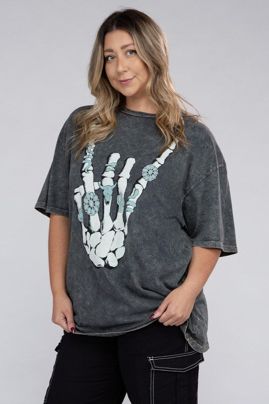 Plus Skeleton Rock Hand Sign Graphic Tee