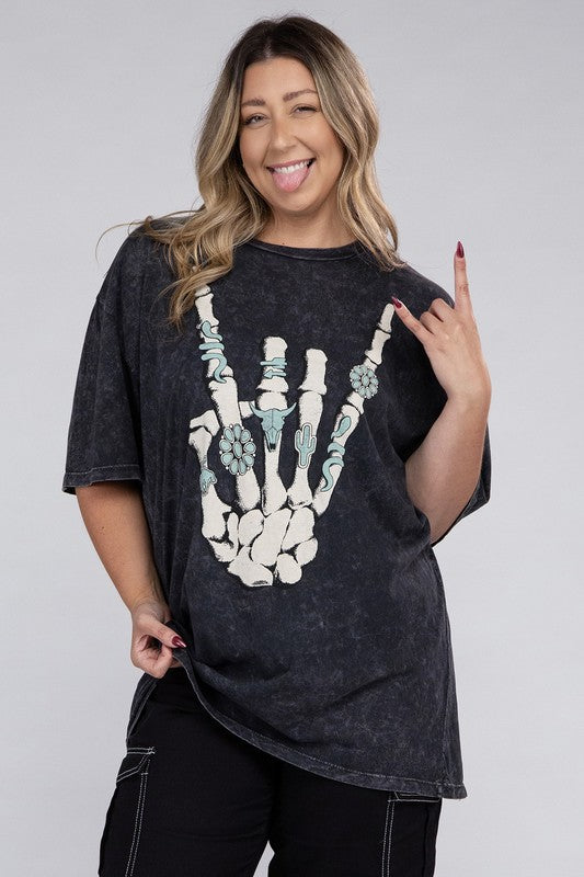 Plus Skeleton Rock Hand Sign Graphic Tee