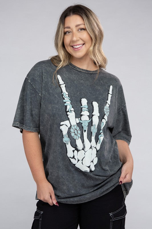 Plus Skeleton Rock Hand Sign Graphic Tee