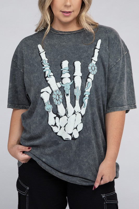 Plus Skeleton Rock Hand Sign Graphic Tee