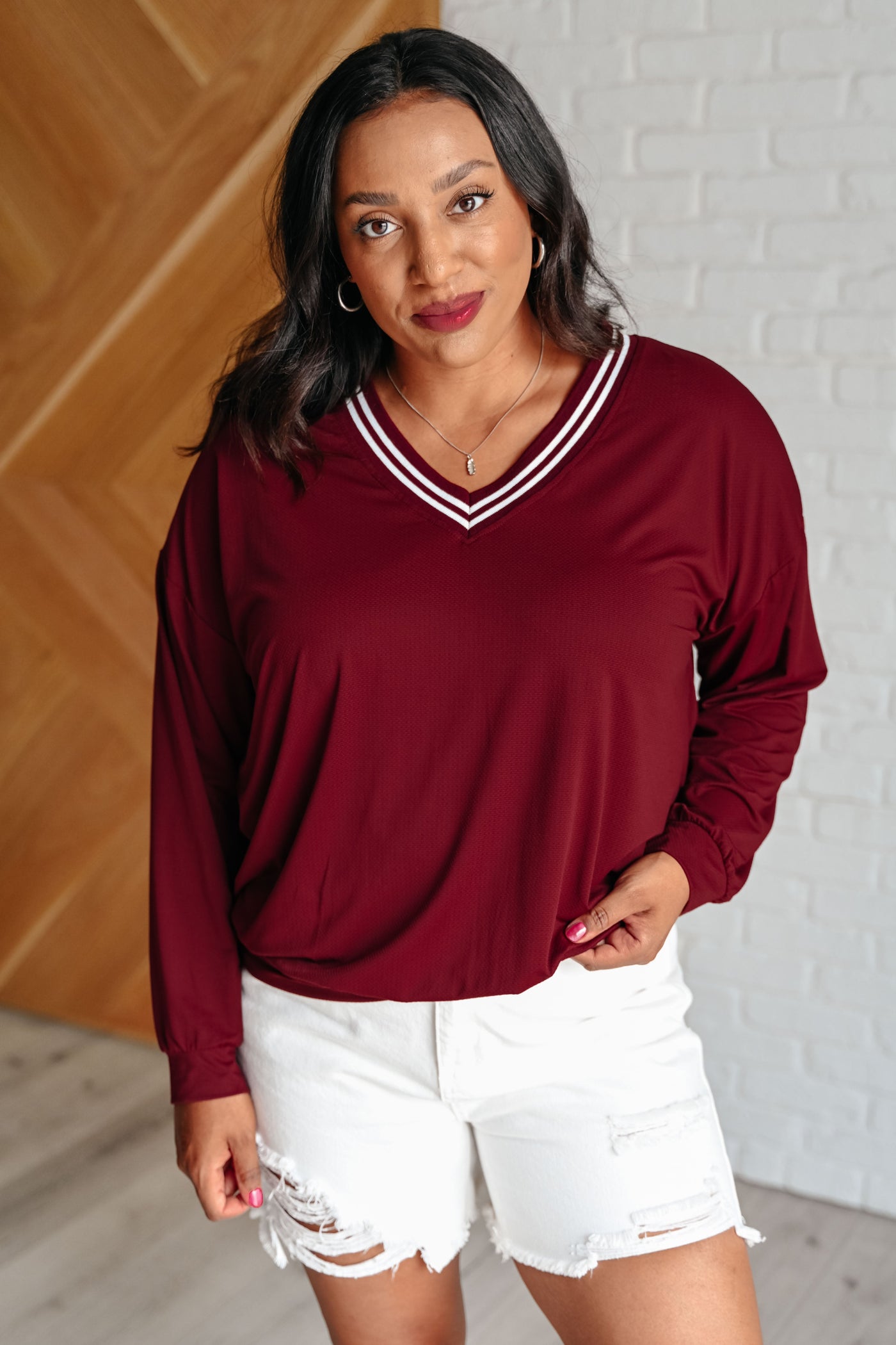 All Out Comfort V-Neck Pullover in Red Merlot