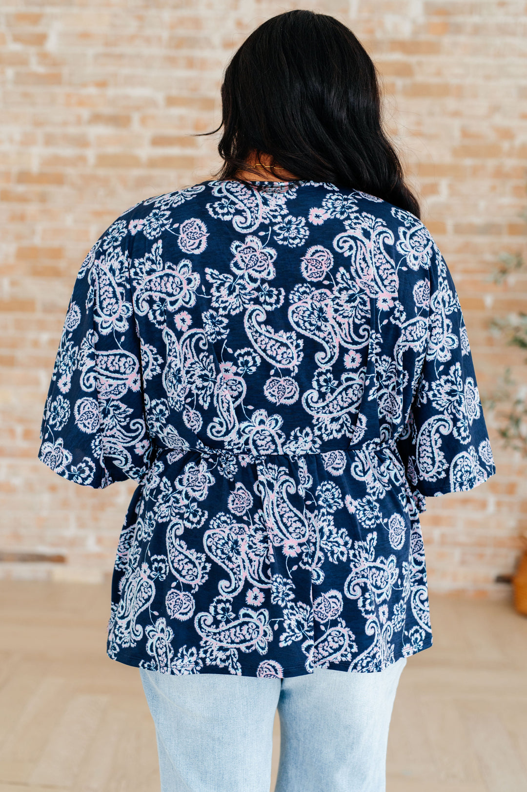 Dreamer Peplum Top in Navy and Pink Paisley