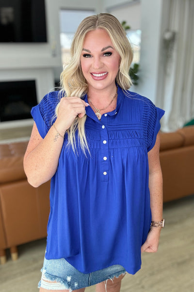 Pleat Detail Button Up Blouse in Royal Blue