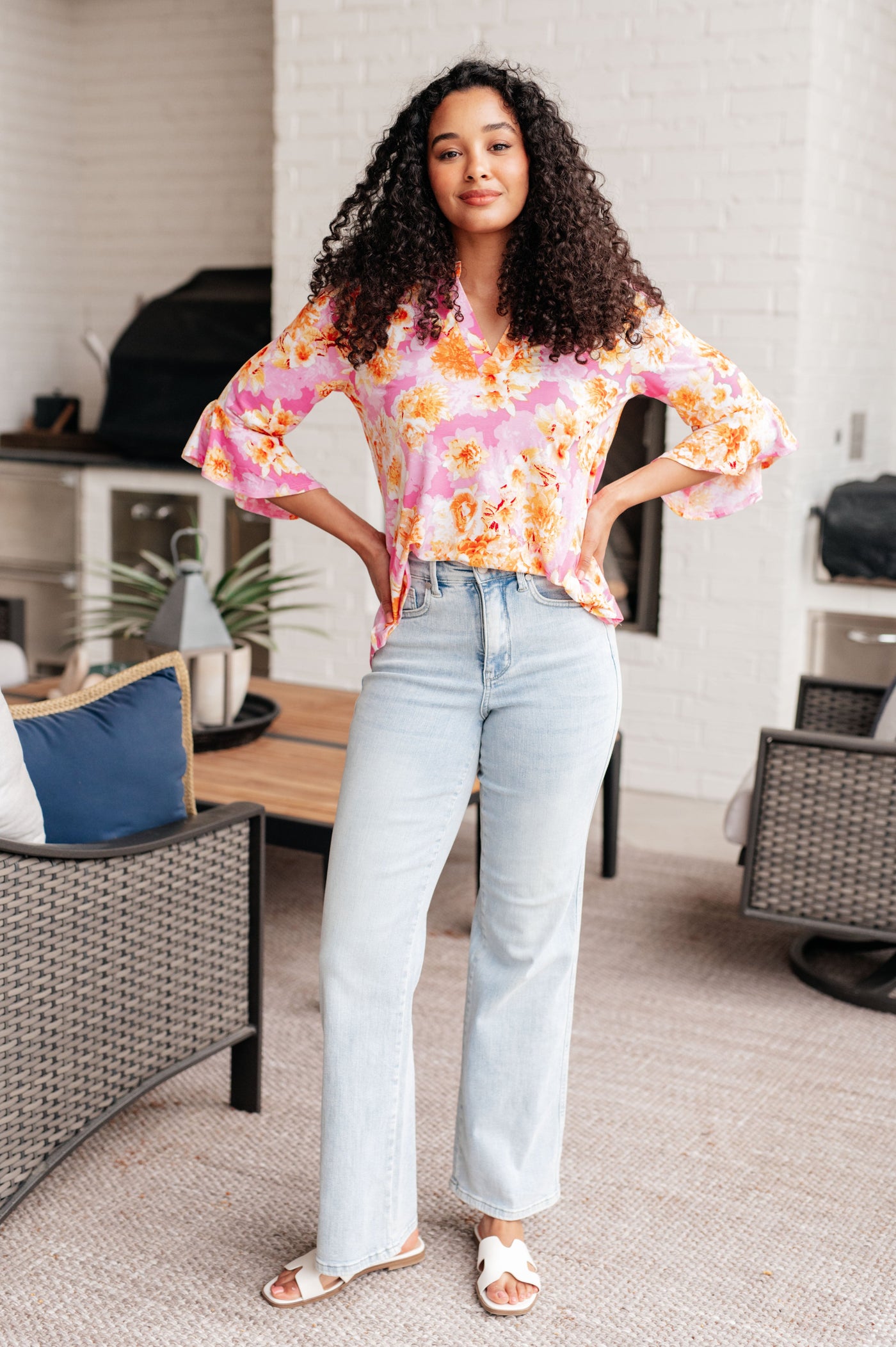 Lizzy Bell Sleeve Top in Pink and Gold Floral