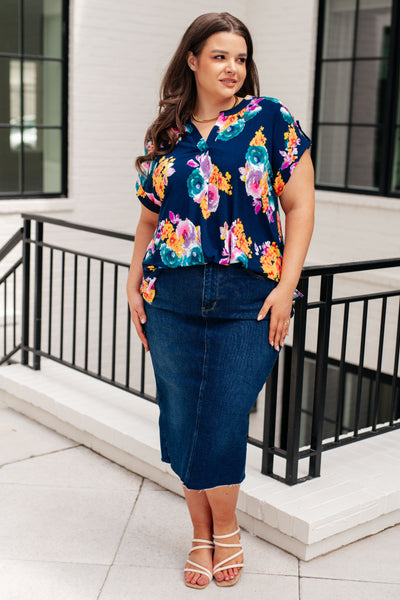 Lizzy Cap Sleeve in Navy and Pastel Bouquet