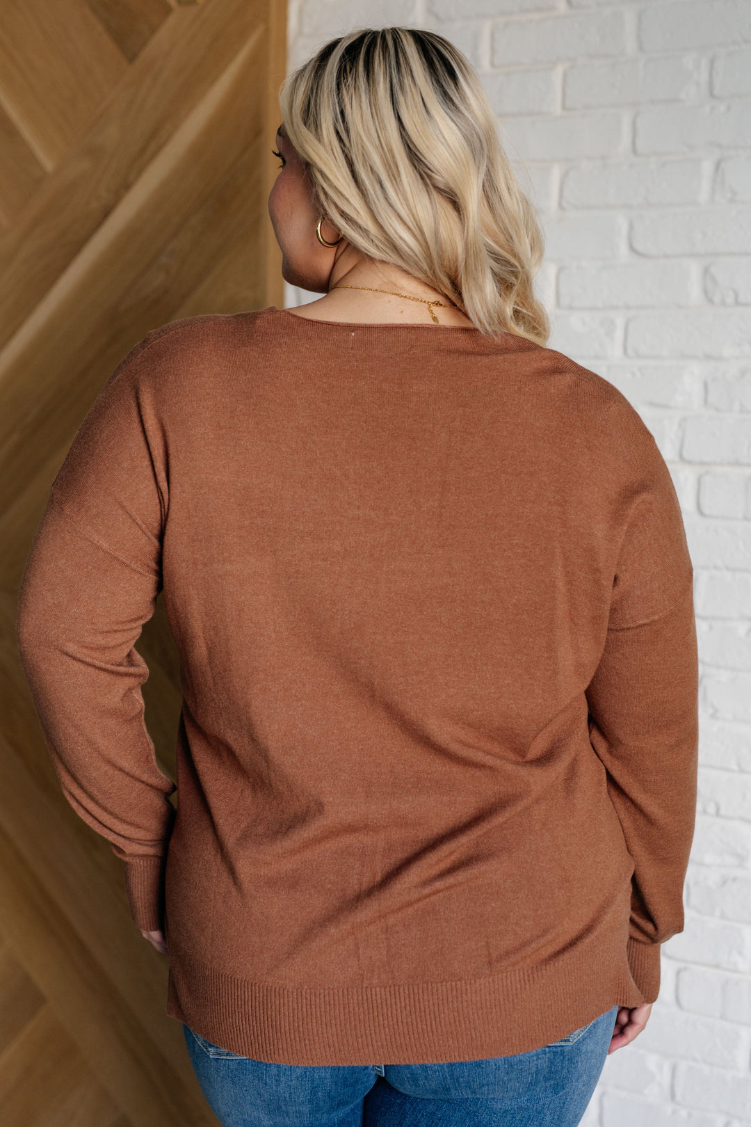 V-Neck Front Seam Sweater in Deep Camel