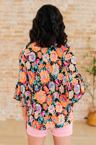 Willow Bell Sleeve Top in Black and Persimmon Floral