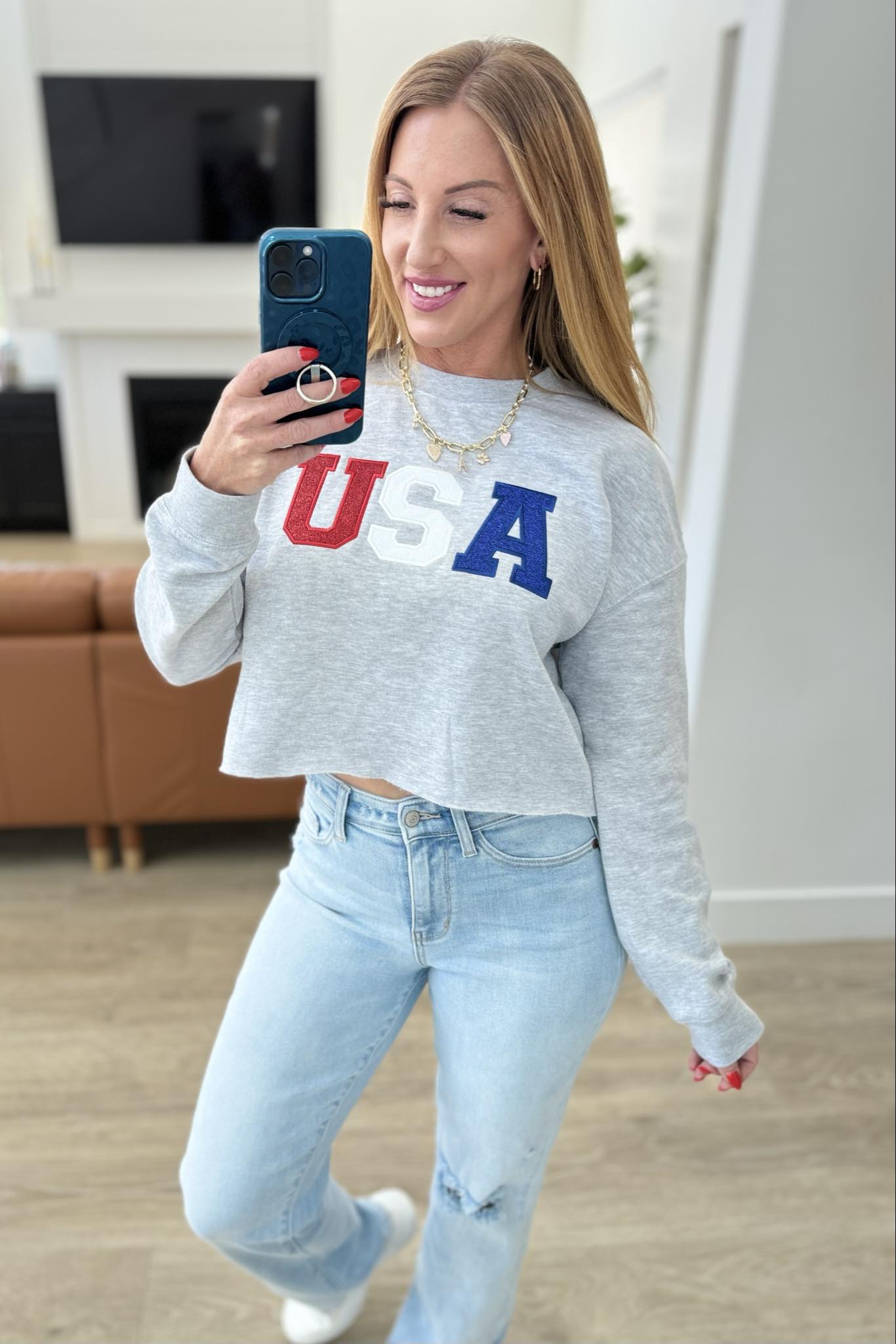 PREORDER: Cropped Length Embroidered Glitter USA Sweatshirt