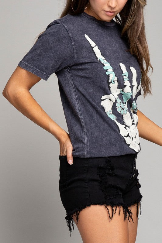 Skeleton Rock Hand Sign Graphic Tee