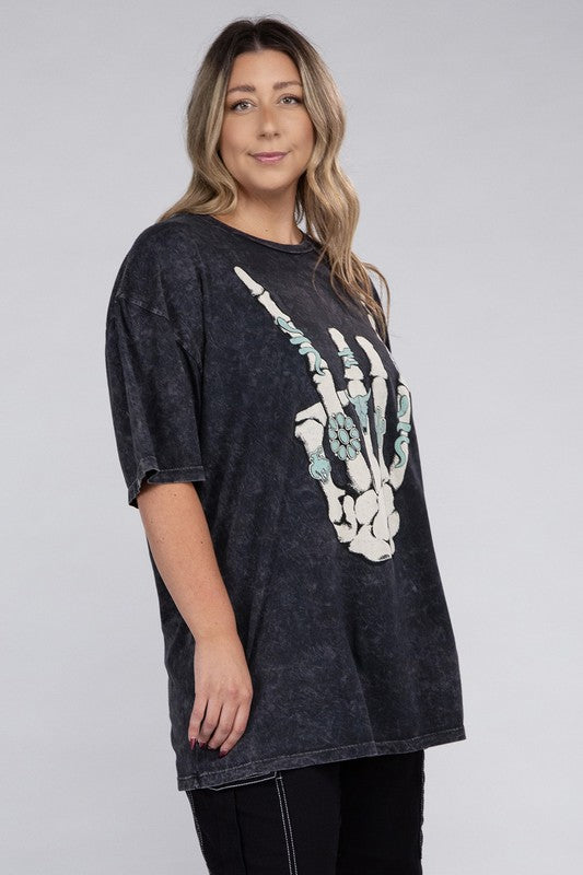 Plus Skeleton Rock Hand Sign Graphic Tee