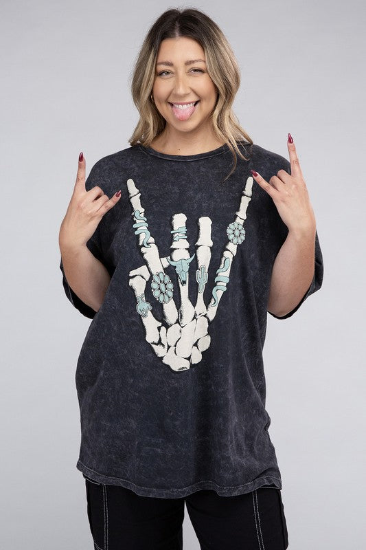 Plus Skeleton Rock Hand Sign Graphic Tee