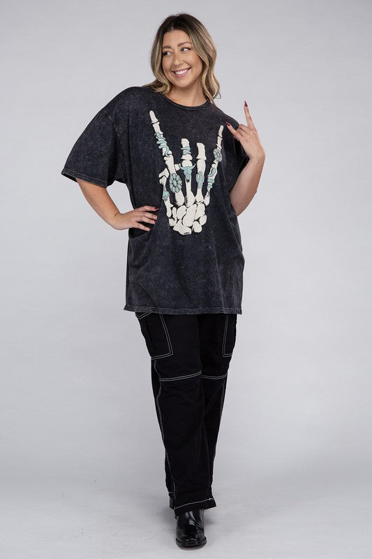 Plus Skeleton Rock Hand Sign Graphic Tee