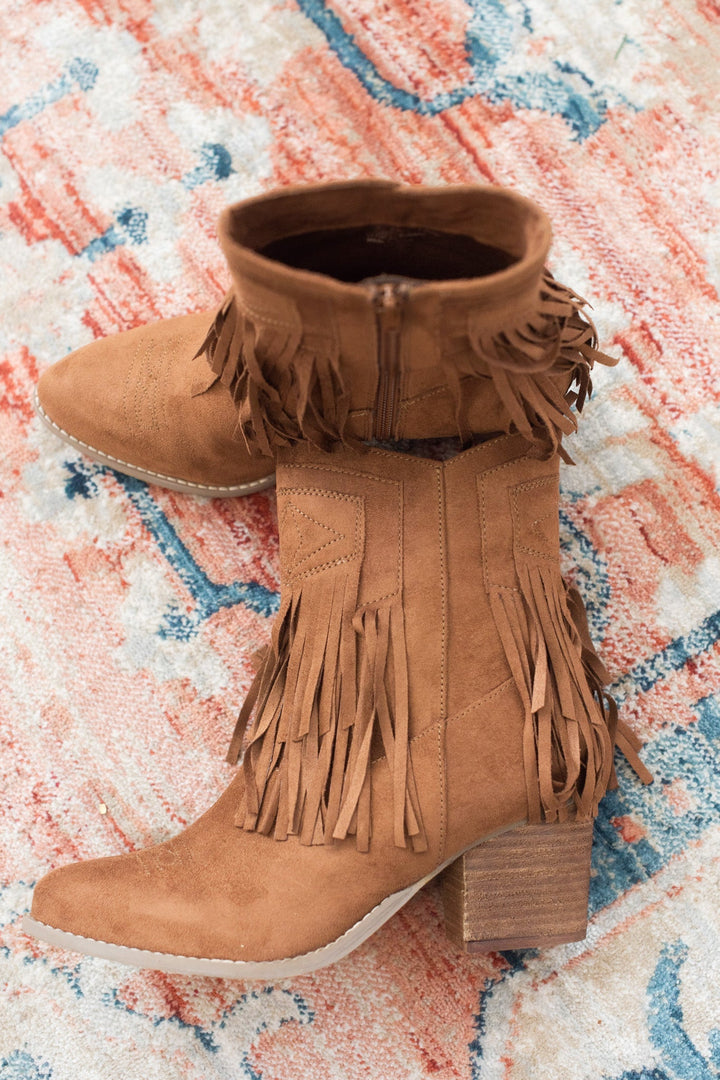 Sandra Fringe Booties in Tan