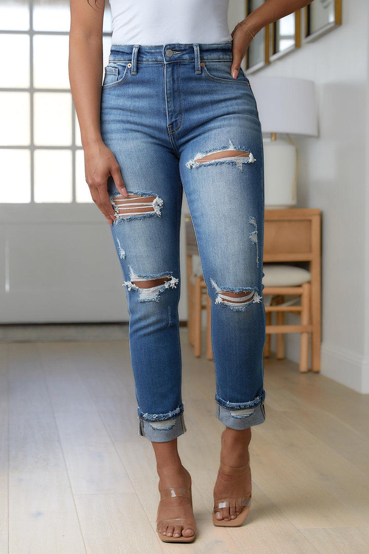 Belinda High Rise Distressed Straight Jeans - KASH'S BOUTIQUE