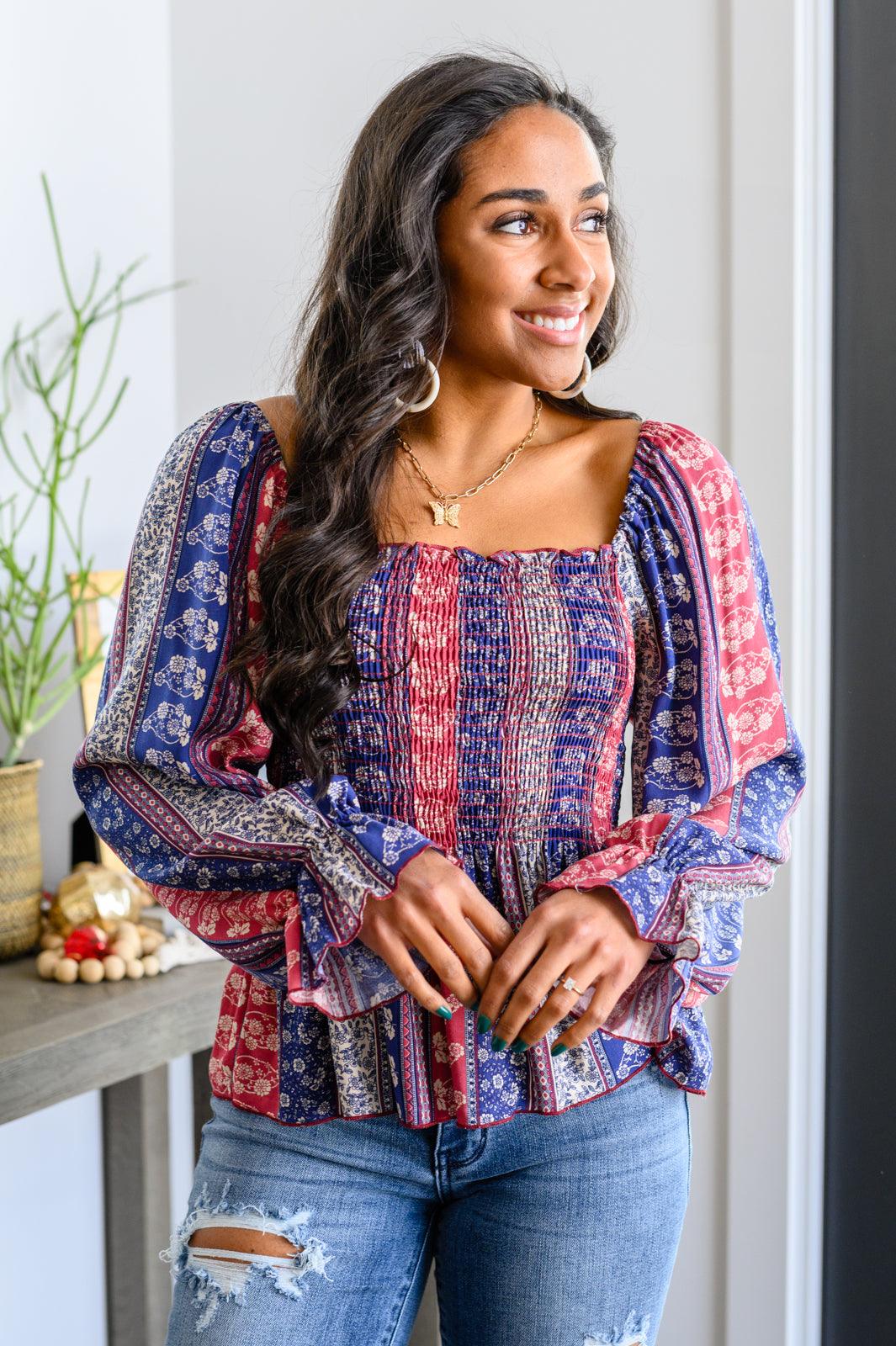 Afternoon Tea Smocked Long Sleeve Blouse - KASH'S BOUTIQUE