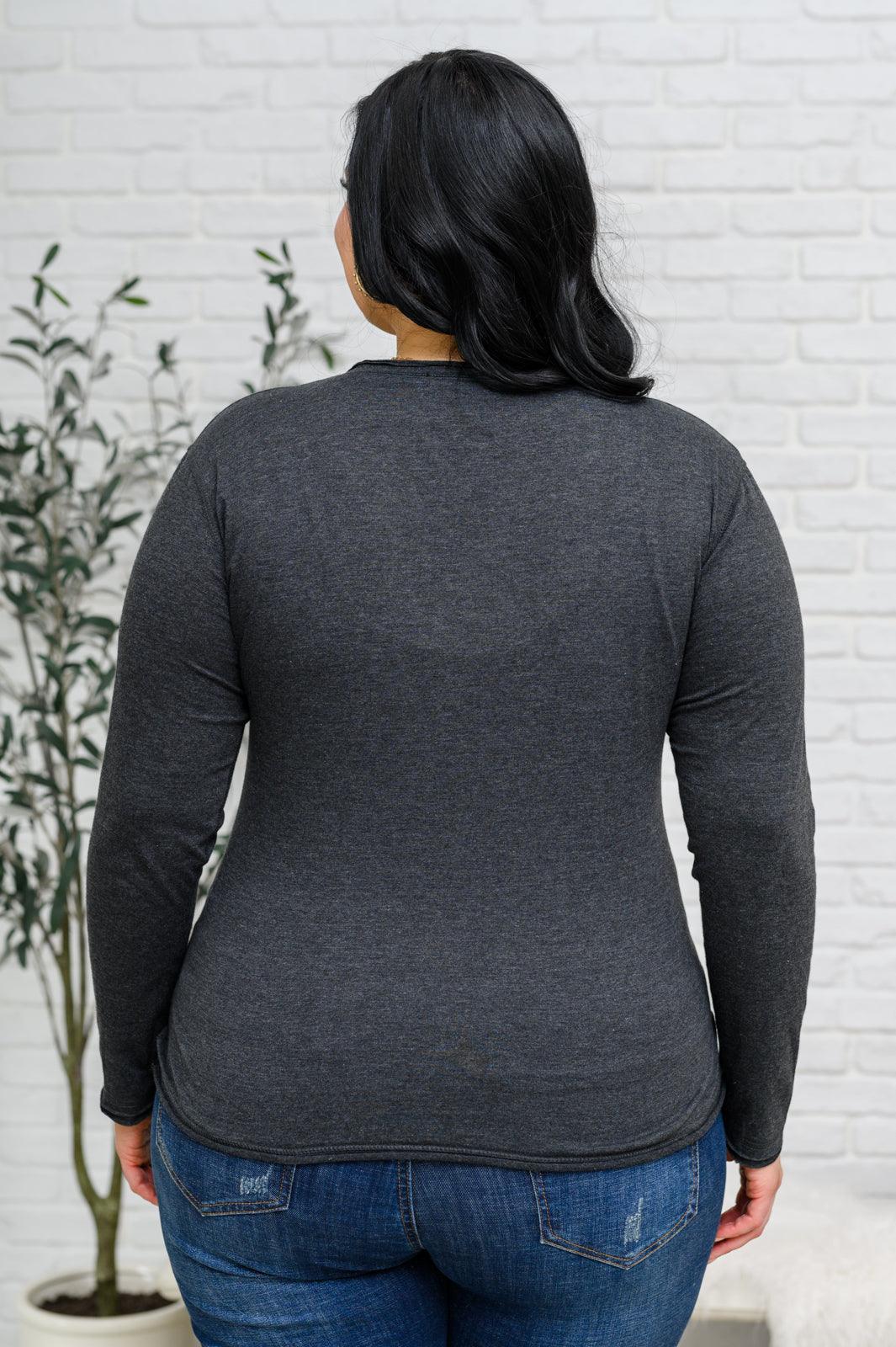 Alpine Raw Edge Long Sleeve Tee in Charcoal - KASH'S BOUTIQUE